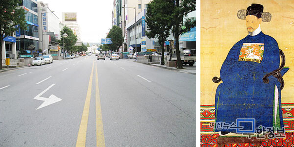 (도1) 광주광역시의 금남로(왼쪽). (도2) 정충신 초상화(오른쪽).