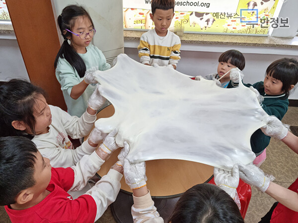학생들이 신기한 듯 치즈를 늘이고 있다. ⓒ 용동초등학교